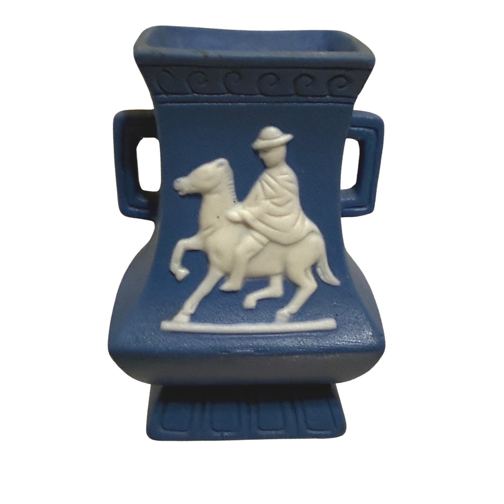 VTG Blue Jasperware Miniature Vase Horse Rider Classical Relief Occupied Japan